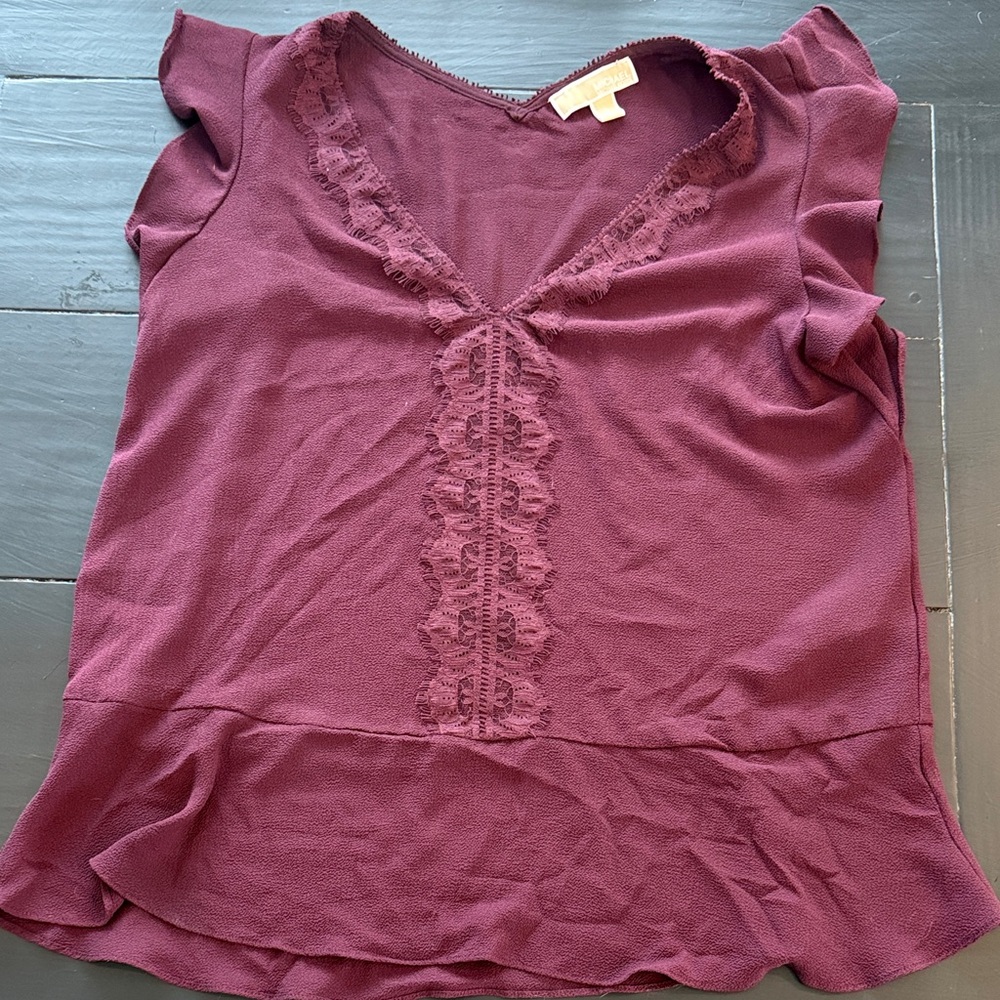 MICHAEL KORS Women's V-neck Lace Trim Blouse Shirt Top Size Large
